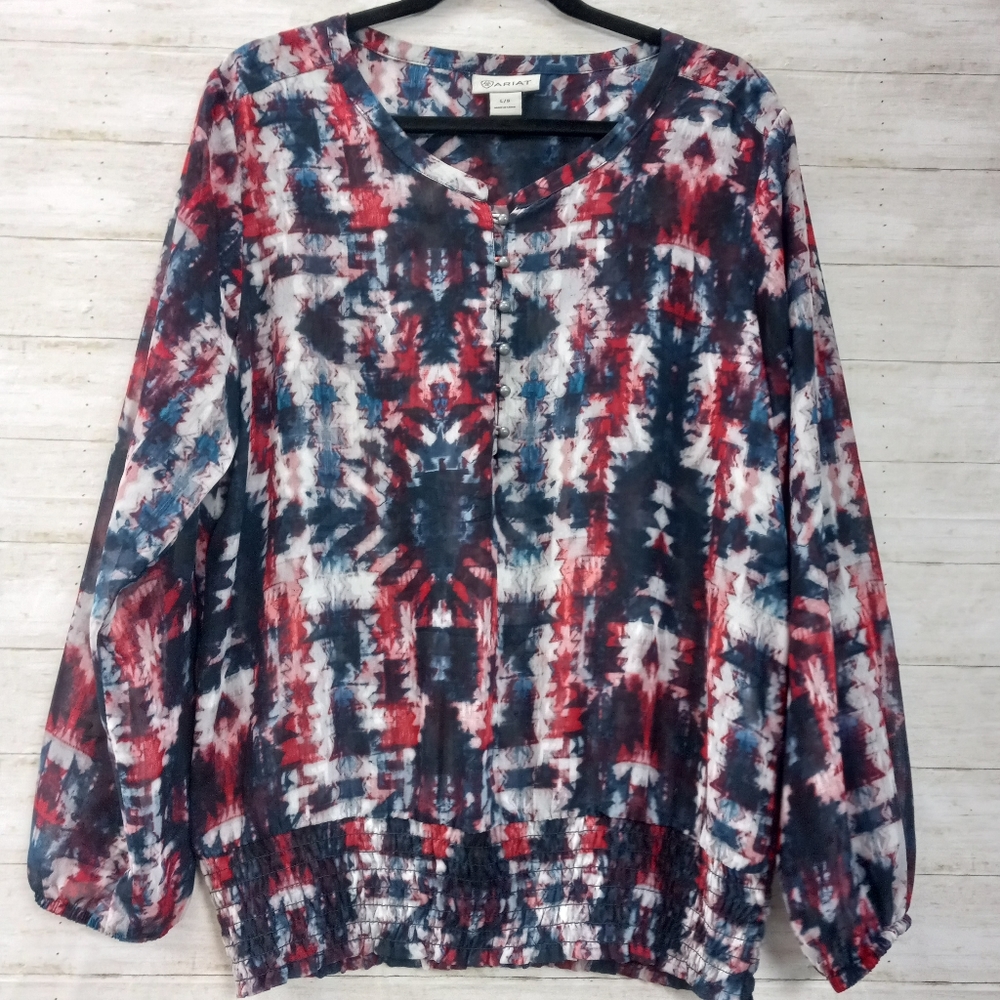 Ariat Sheer Southwestern Print Red White & Blue Blouse L